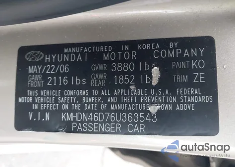 2006 Hyundai Elantra Gls/Limited from USA, damaged, VIN KMHDN46D76U363543